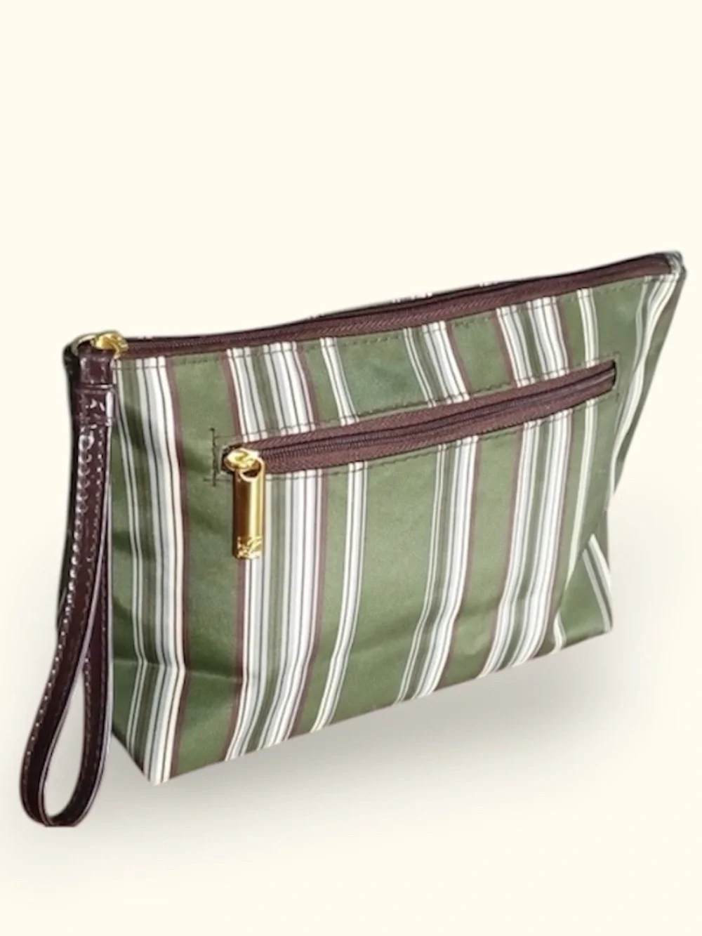 Estée Lauder Cosmetic Bag Makeup Travel Case Green Brown Striped NEW